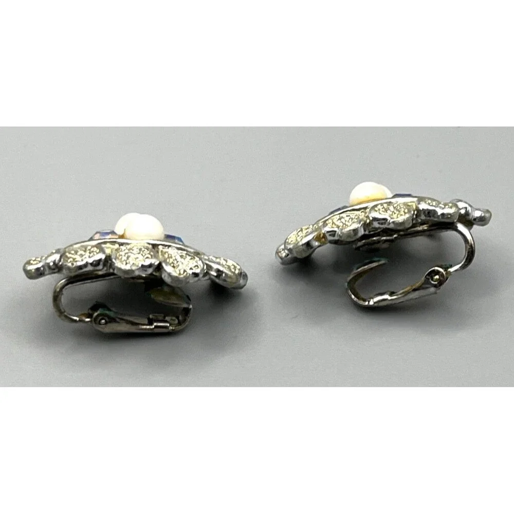 Vtg Coro Clip-On Earrings Silver Tone Hearts Rhinestone Faux Pearl Iridescent